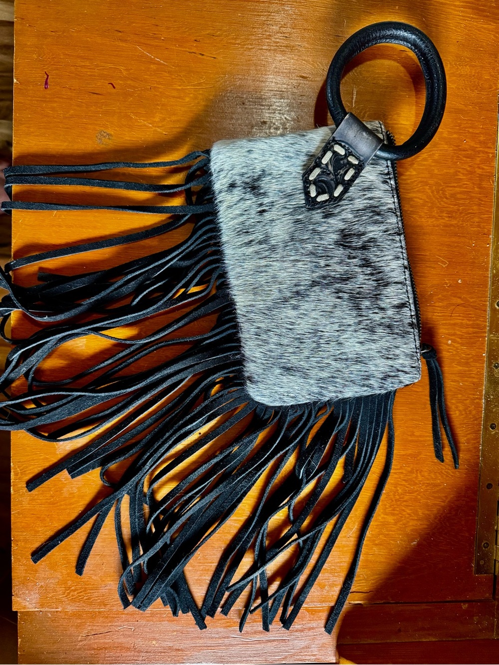 Fringed Haircalf Wristlet Clutch in Black and Gray